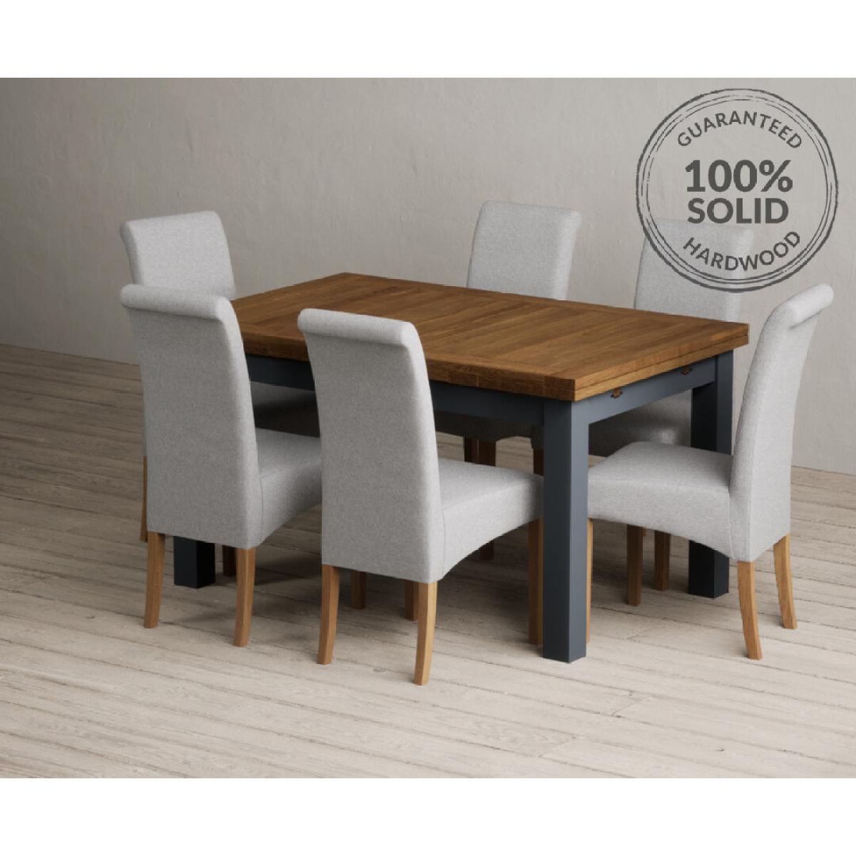 Extending Buxton 140cm Oak and Dark Blue Painted Dining Table with 8 Grey Scroll Back Chairs – image 35