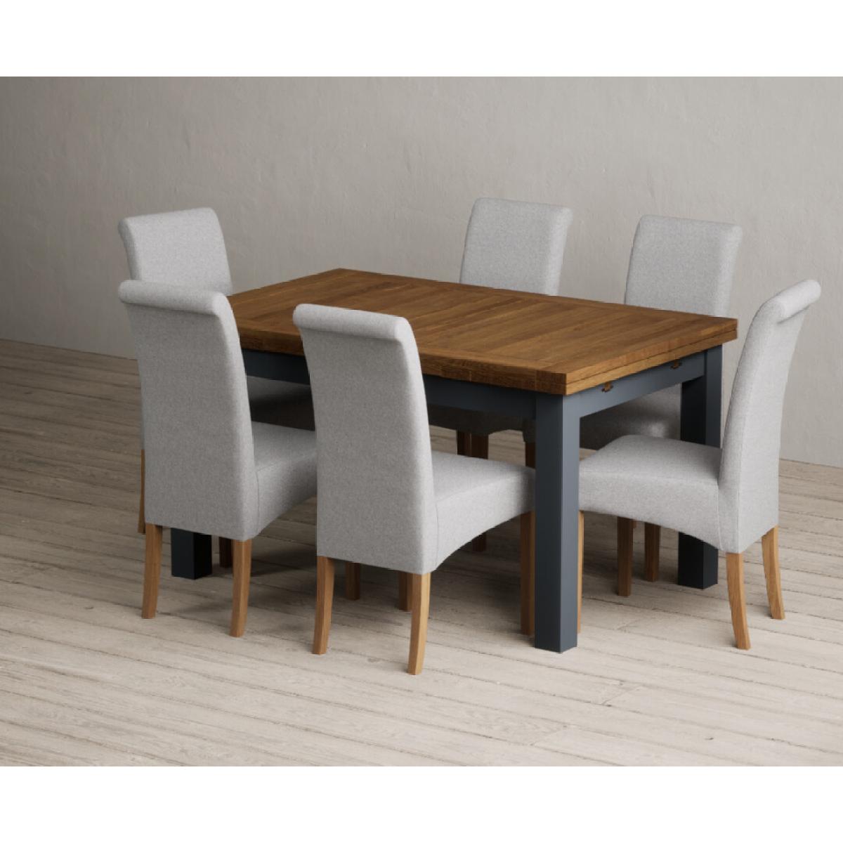 Extending Buxton 140cm Oak and Dark Blue Painted Dining Table with 8 Grey Scroll Back Chairs – image 36