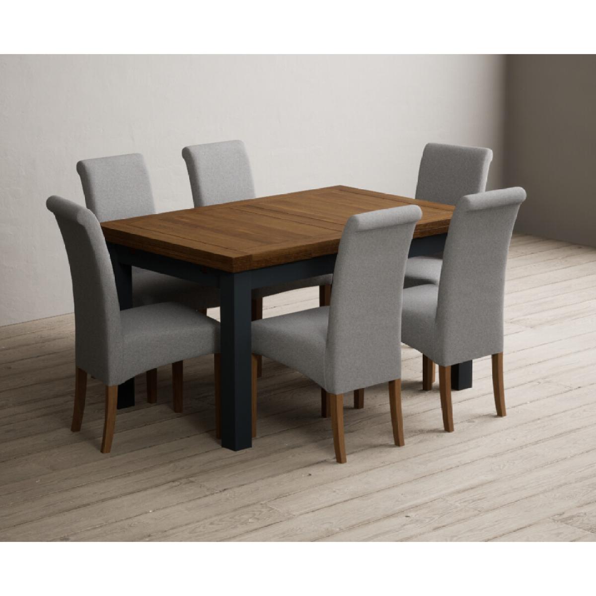 Extending Buxton 140cm Oak and Dark Blue Painted Dining Table with 8 Grey Scroll Back Chairs – image 38