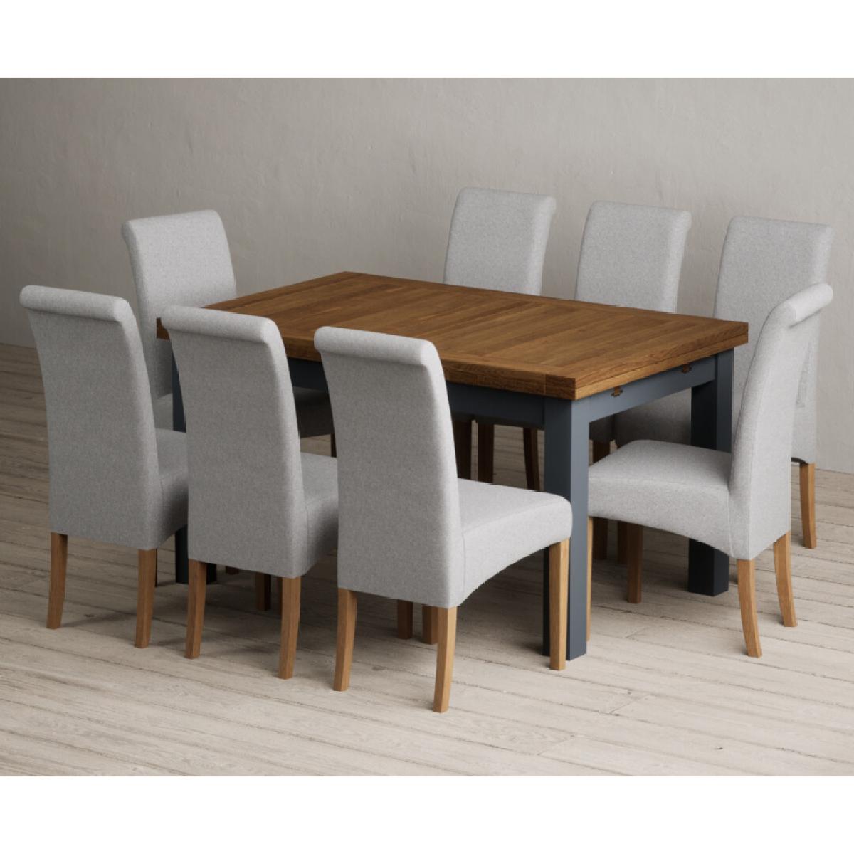 Extending Buxton 140cm Oak and Dark Blue Painted Dining Table with 8 Grey Scroll Back Chairs – image 39