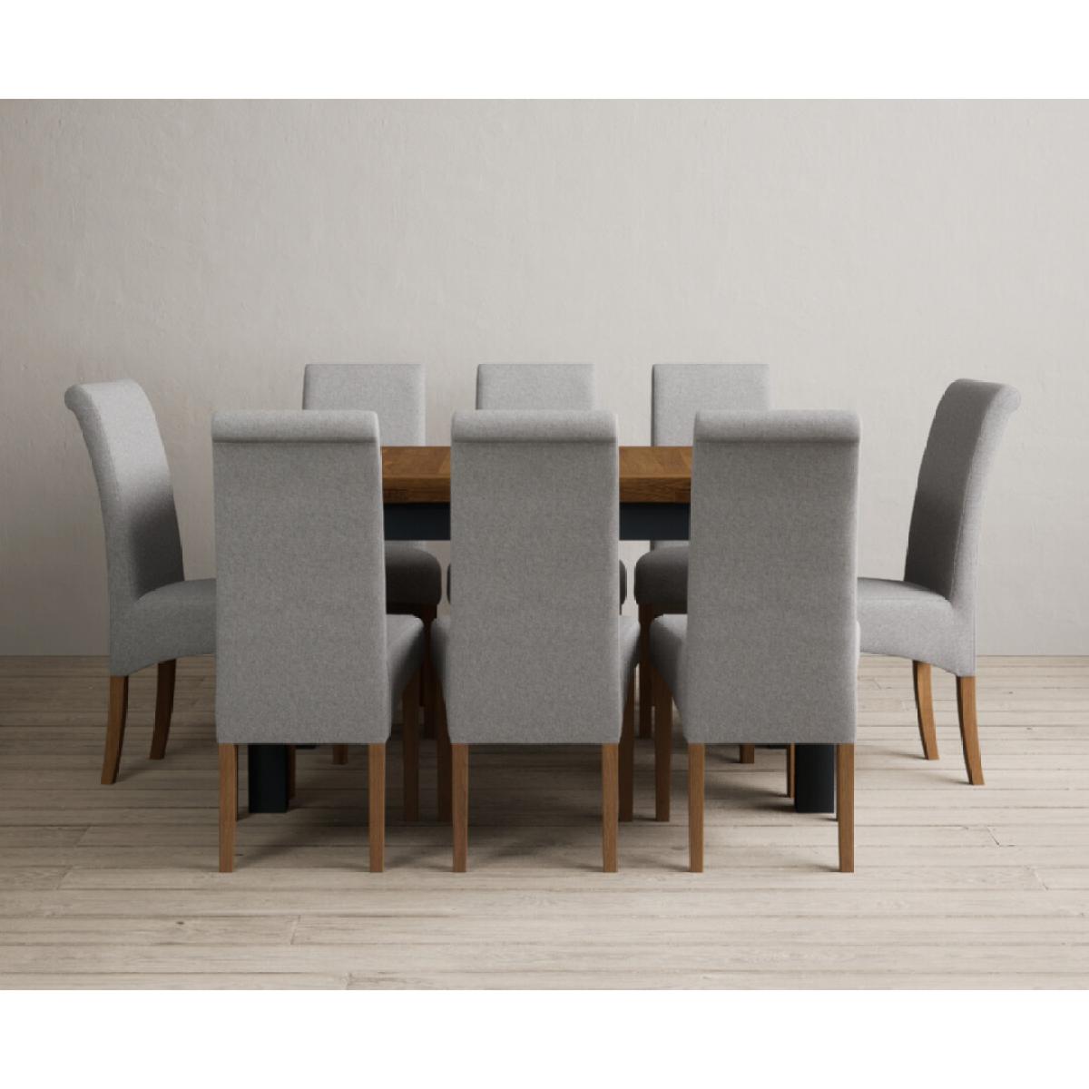 Extending Buxton 140cm Oak and Dark Blue Painted Dining Table with 8 Grey Scroll Back Chairs – image 40