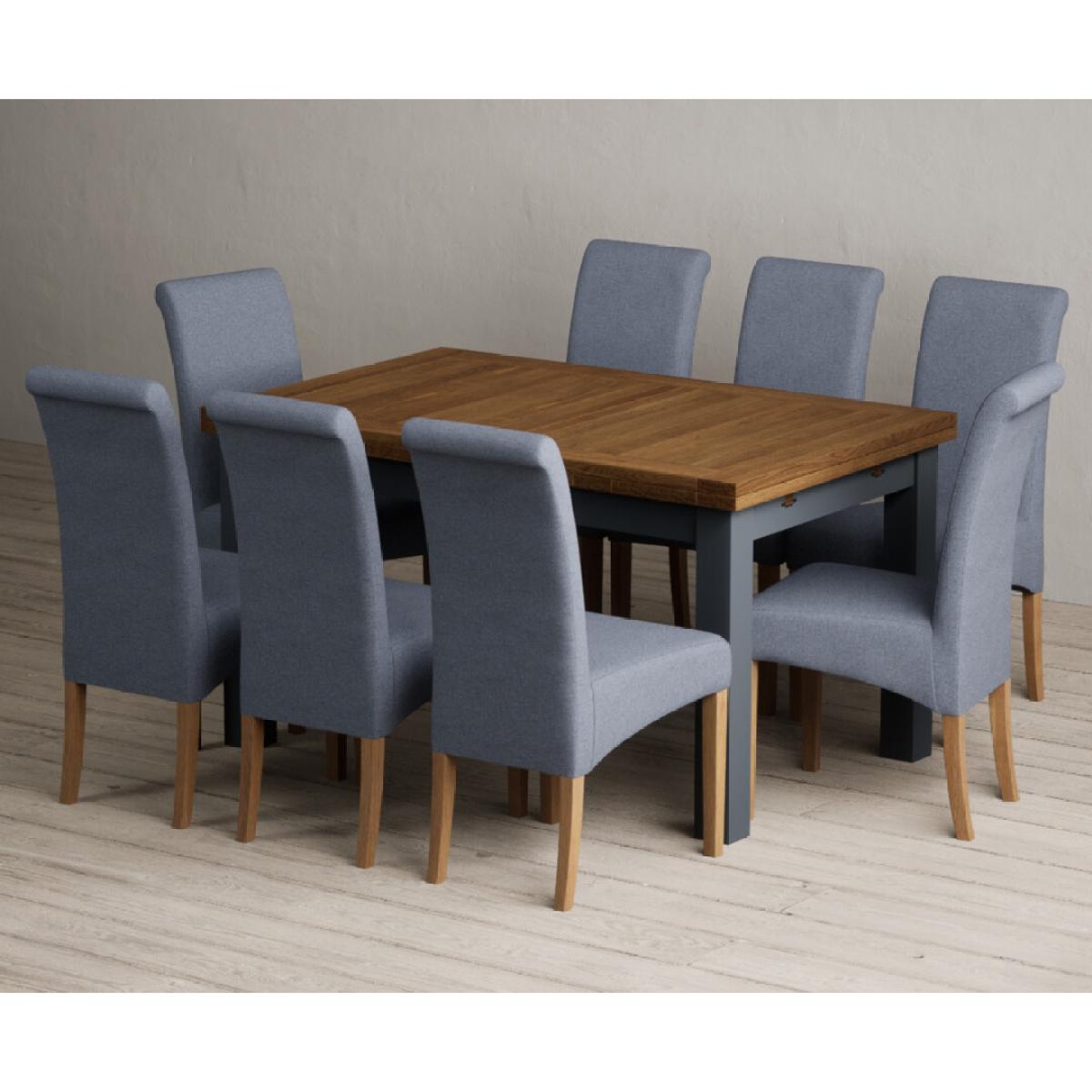 Extending Buxton 140cm Oak and Dark Blue Painted Dining Table with 8 Grey Scroll Back Chairs – image 5