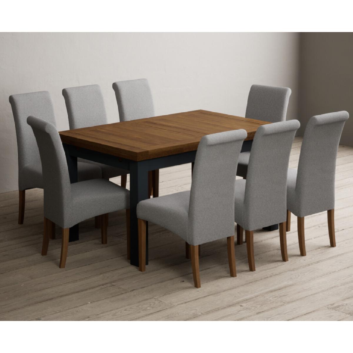 Extending Buxton 140cm Oak and Dark Blue Painted Dining Table with 8 Grey Scroll Back Chairs – image 41