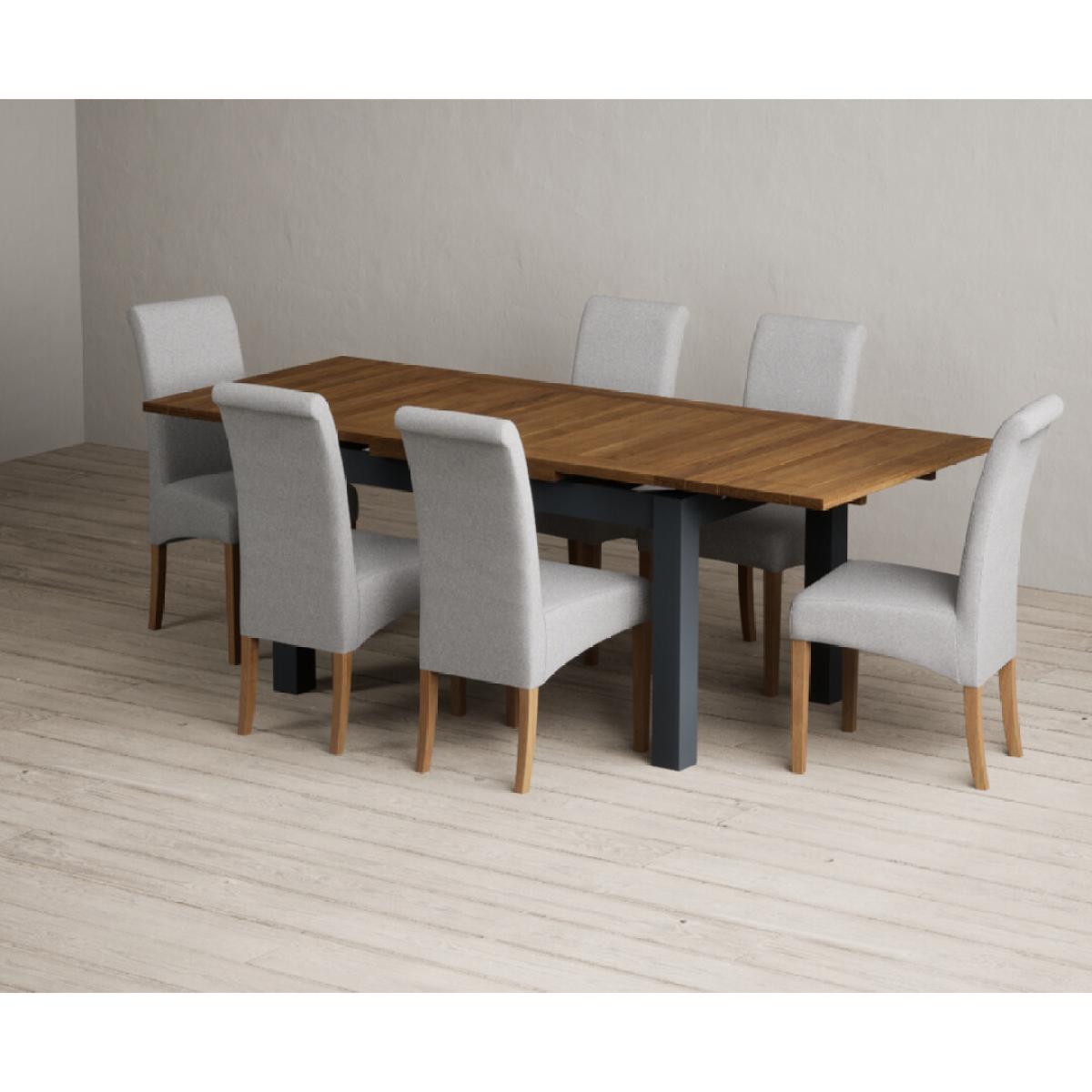 Extending Buxton 140cm Oak and Dark Blue Painted Dining Table with 8 Grey Scroll Back Chairs – image 42