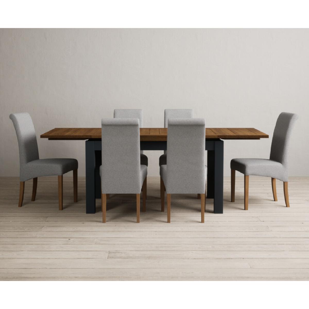 Extending Buxton 140cm Oak and Dark Blue Painted Dining Table with 8 Grey Scroll Back Chairs – image 43