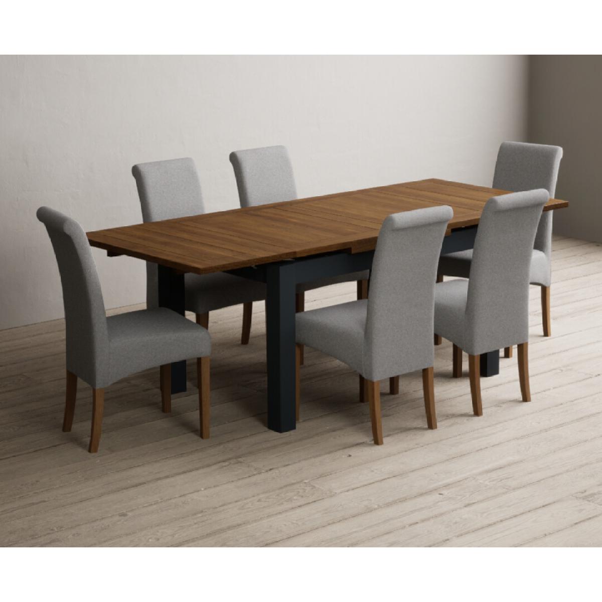 Extending Buxton 140cm Oak and Dark Blue Painted Dining Table with 8 Grey Scroll Back Chairs – image 44
