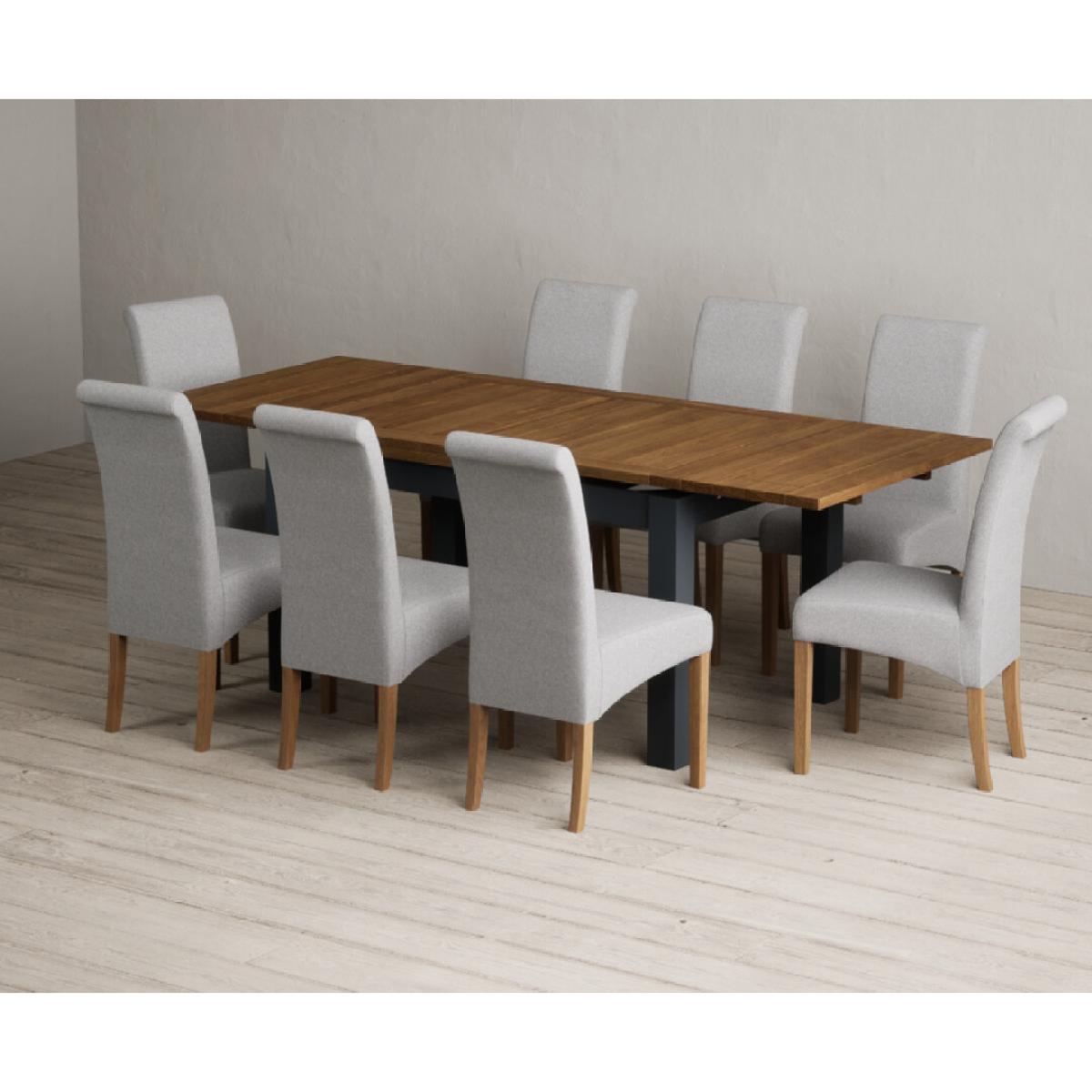 Extending Buxton 140cm Oak and Dark Blue Painted Dining Table with 8 Grey Scroll Back Chairs – image 45
