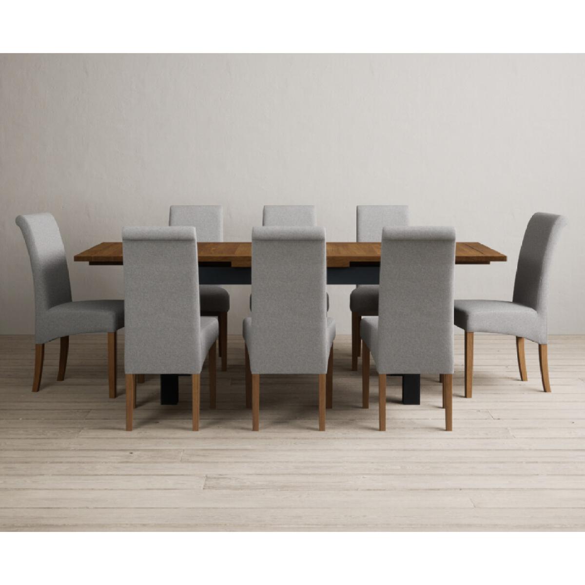 Extending Buxton 140cm Oak and Dark Blue Painted Dining Table with 8 Grey Scroll Back Chairs – image 46