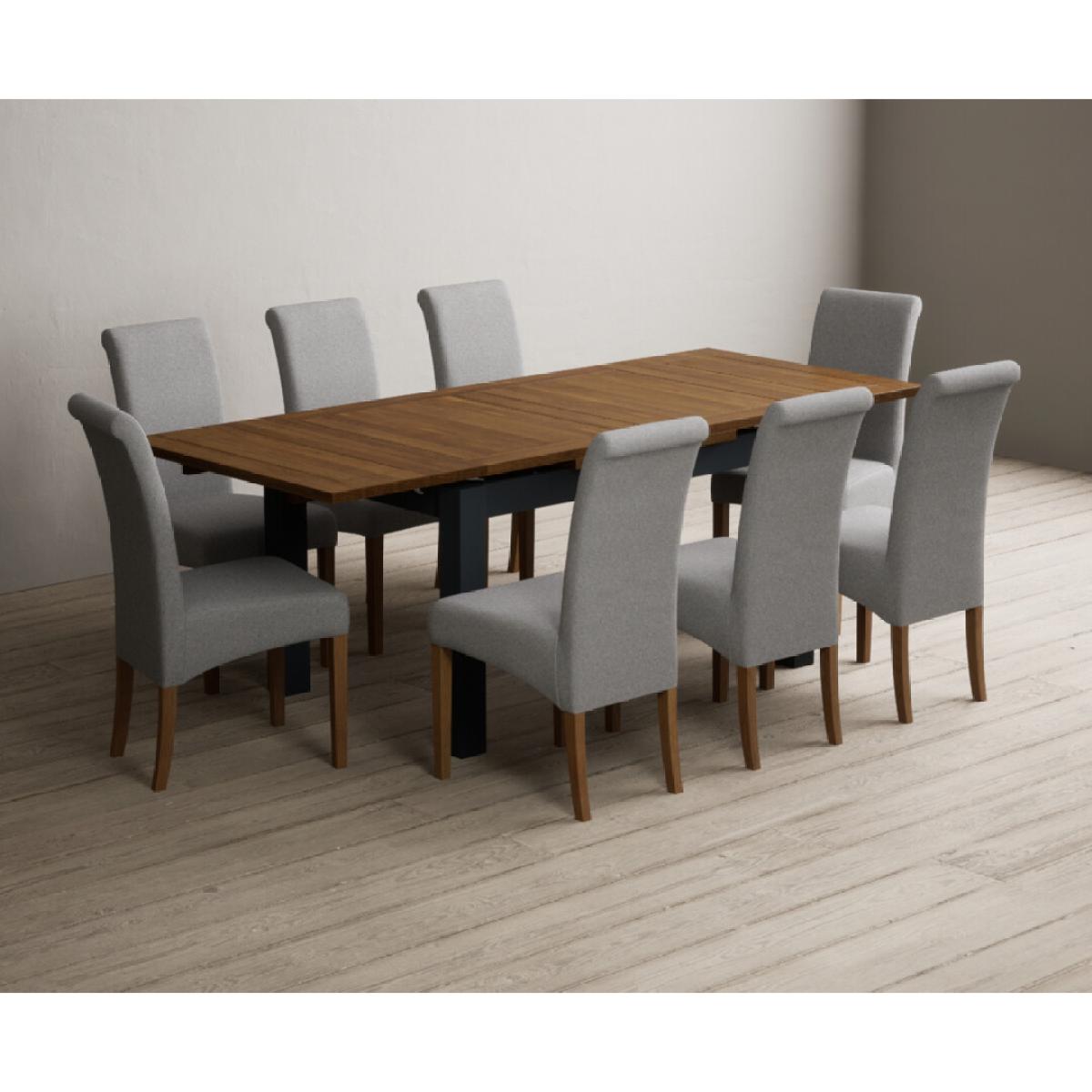 Extending Buxton 140cm Oak and Dark Blue Painted Dining Table with 8 Grey Scroll Back Chairs – image 47