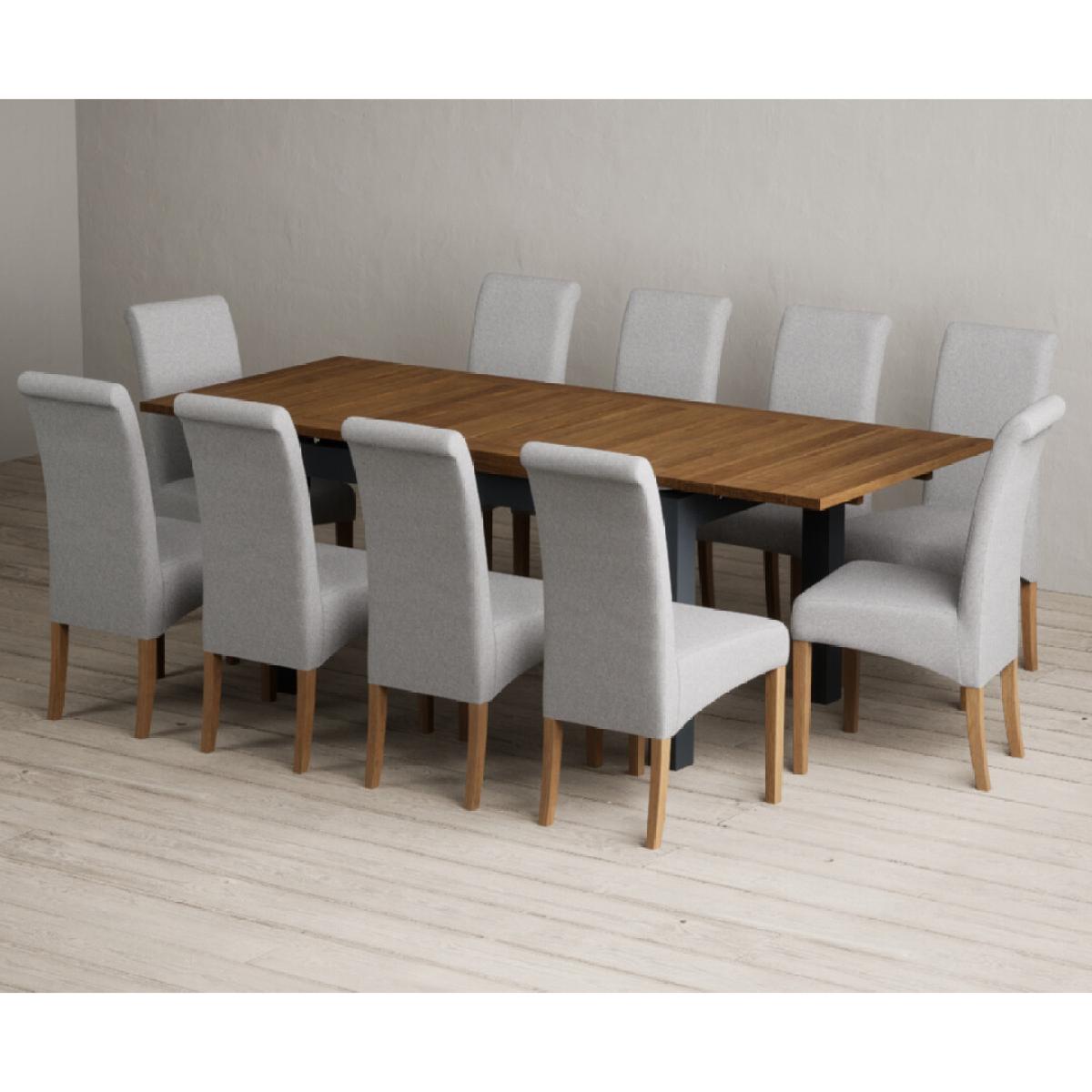 Extending Buxton 140cm Oak and Dark Blue Painted Dining Table with 8 Grey Scroll Back Chairs – image 48
