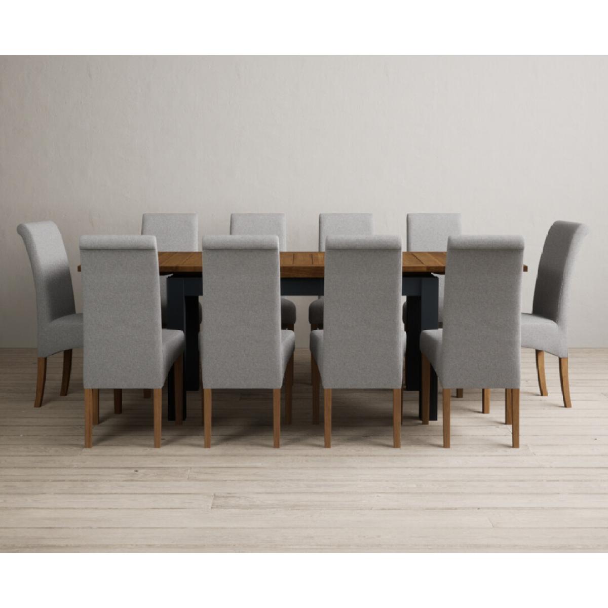 Extending Buxton 140cm Oak and Dark Blue Painted Dining Table with 8 Grey Scroll Back Chairs – image 49