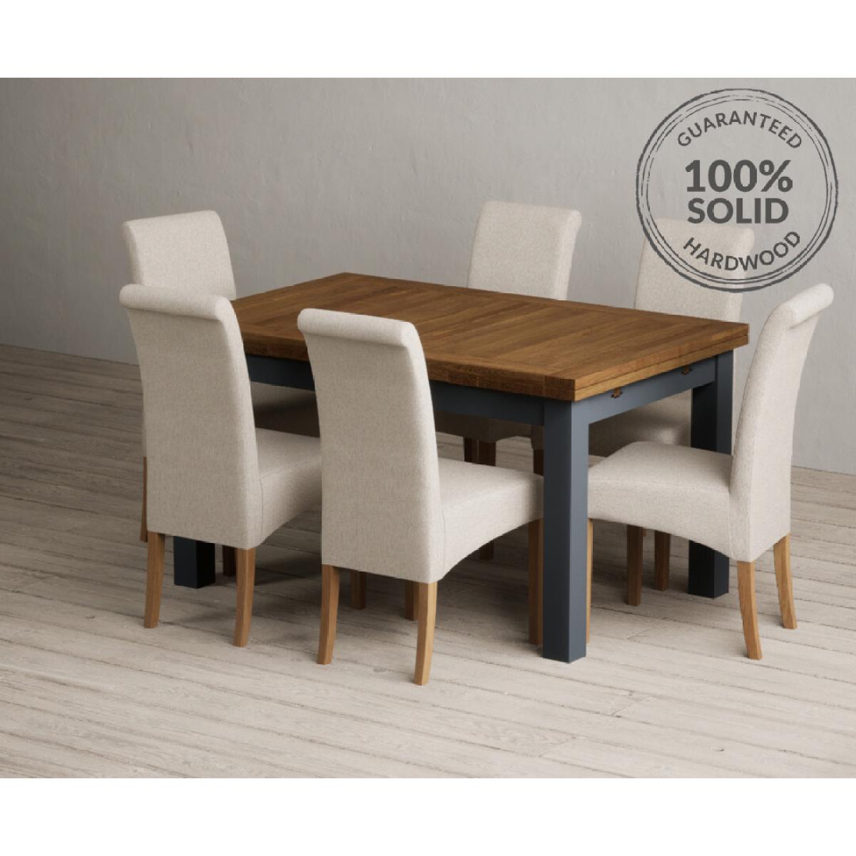 Extending Buxton 140cm Oak and Dark Blue Painted Dining Table with 8 Grey Scroll Back Chairs – image 52