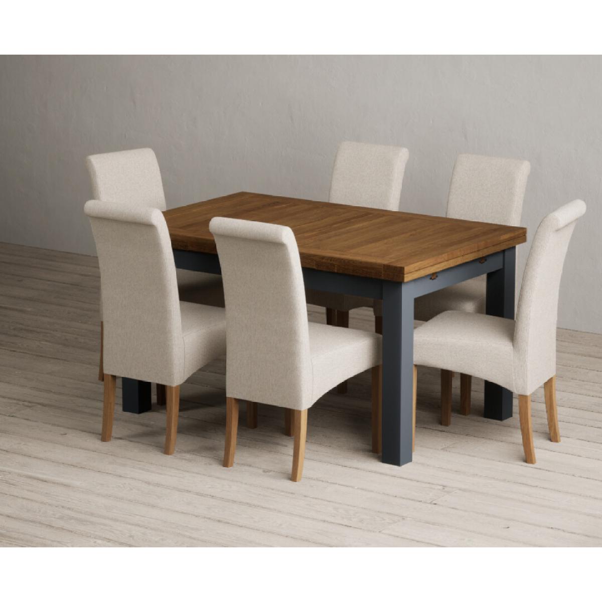 Extending Buxton 140cm Oak and Dark Blue Painted Dining Table with 8 Grey Scroll Back Chairs – image 53