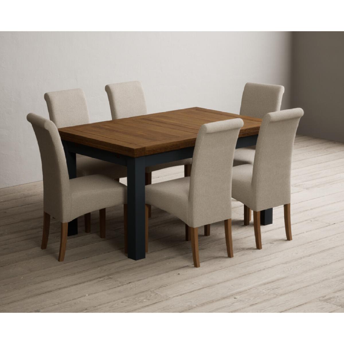 Extending Buxton 140cm Oak and Dark Blue Painted Dining Table with 8 Grey Scroll Back Chairs – image 55