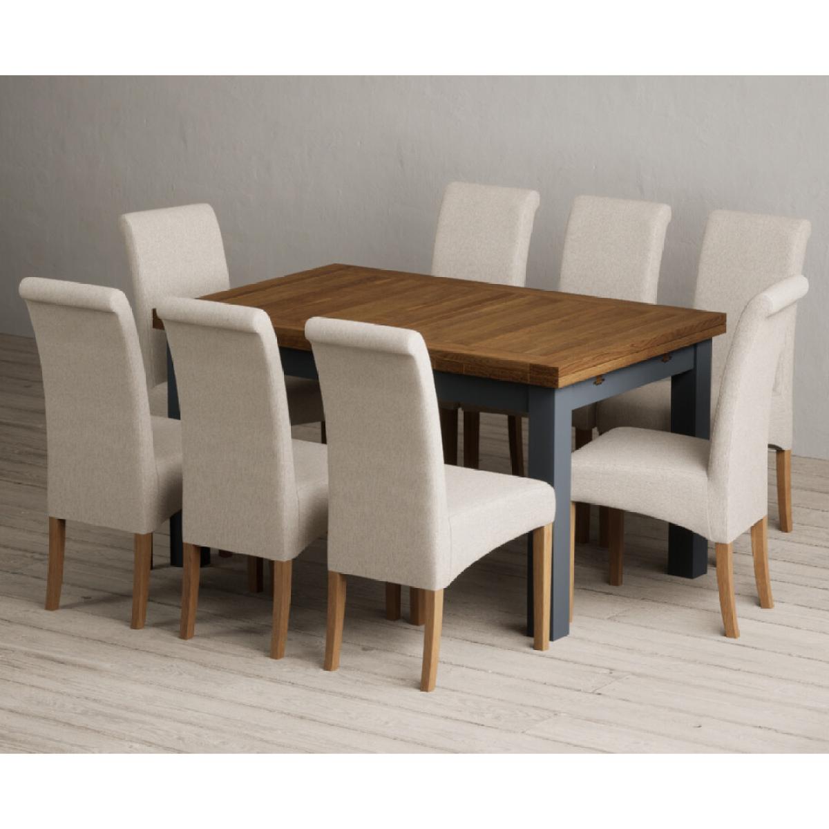 Extending Buxton 140cm Oak and Dark Blue Painted Dining Table with 8 Grey Scroll Back Chairs – image 56