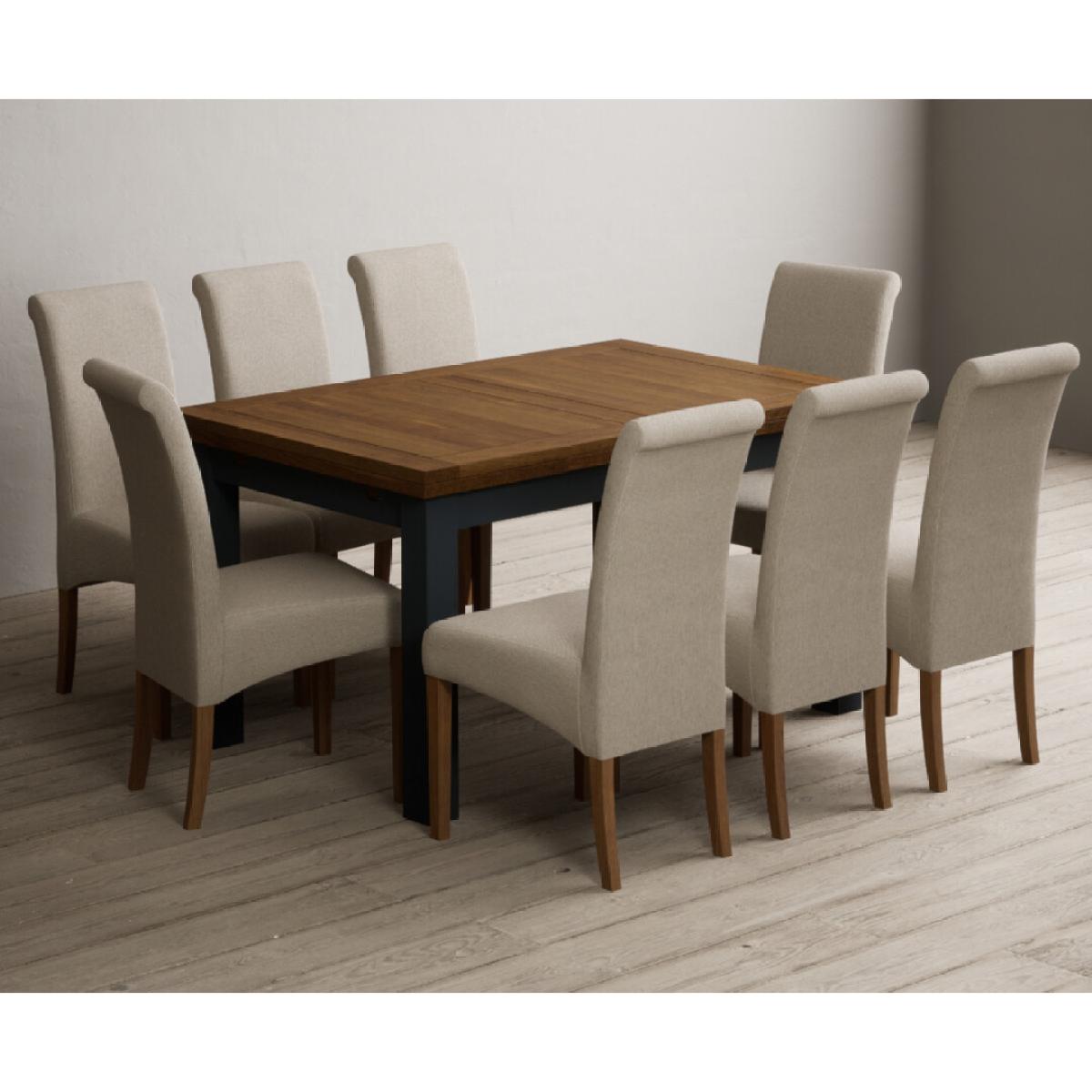 Extending Buxton 140cm Oak and Dark Blue Painted Dining Table with 8 Grey Scroll Back Chairs – image 58