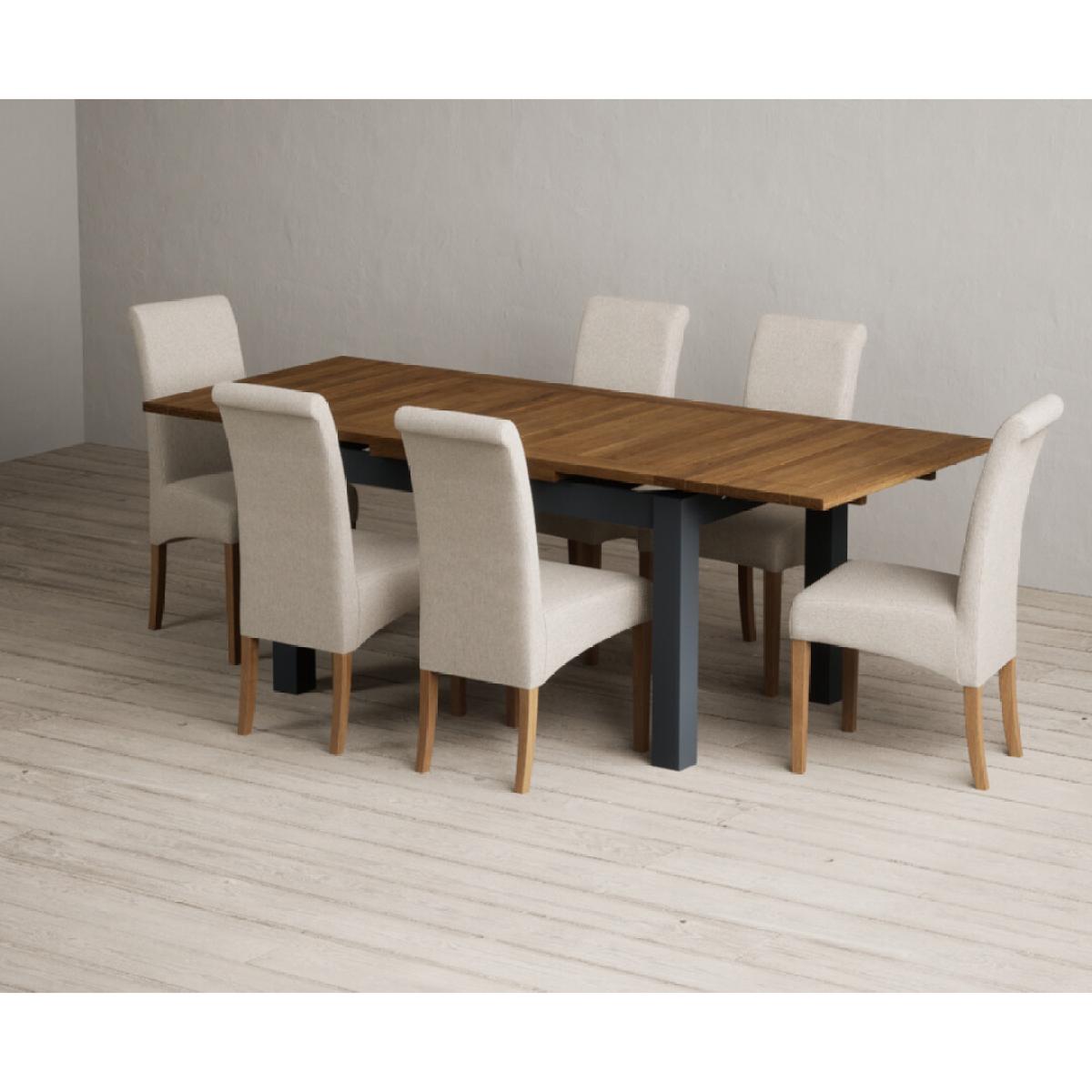 Extending Buxton 140cm Oak and Dark Blue Painted Dining Table with 8 Grey Scroll Back Chairs – image 59
