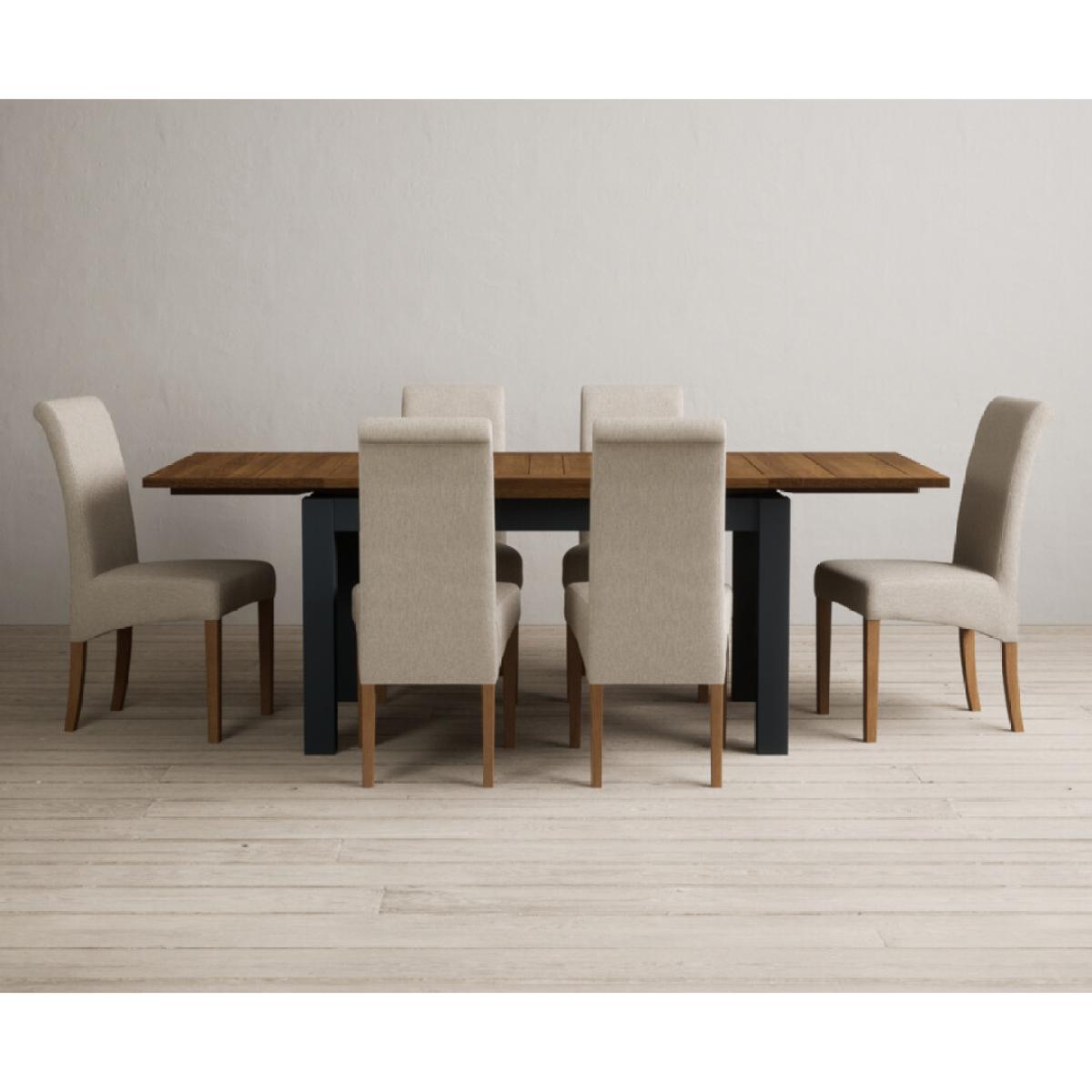Extending Buxton 140cm Oak and Dark Blue Painted Dining Table with 8 Grey Scroll Back Chairs – image 60