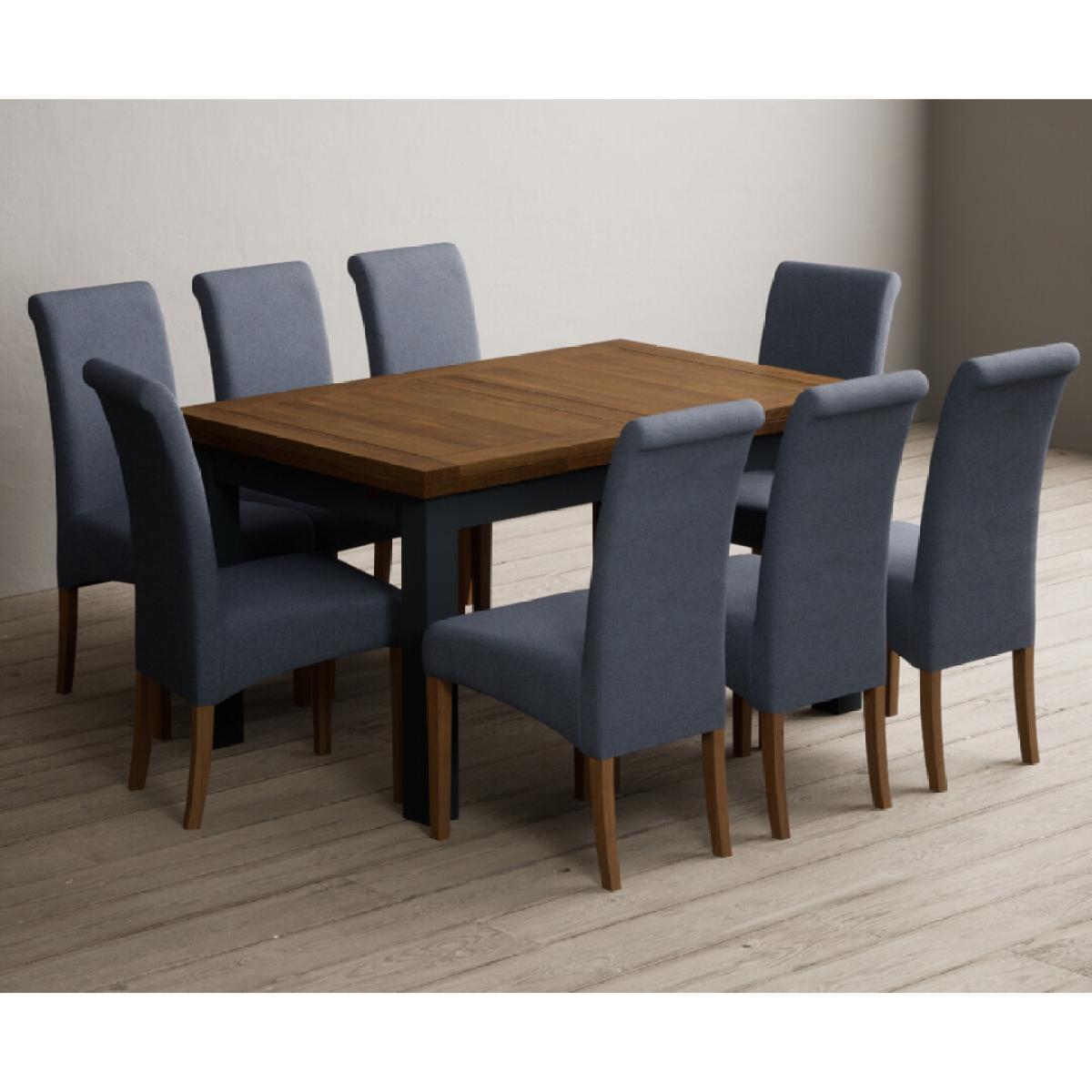Extending Buxton 140cm Oak and Dark Blue Painted Dining Table with 8 Grey Scroll Back Chairs – image 7