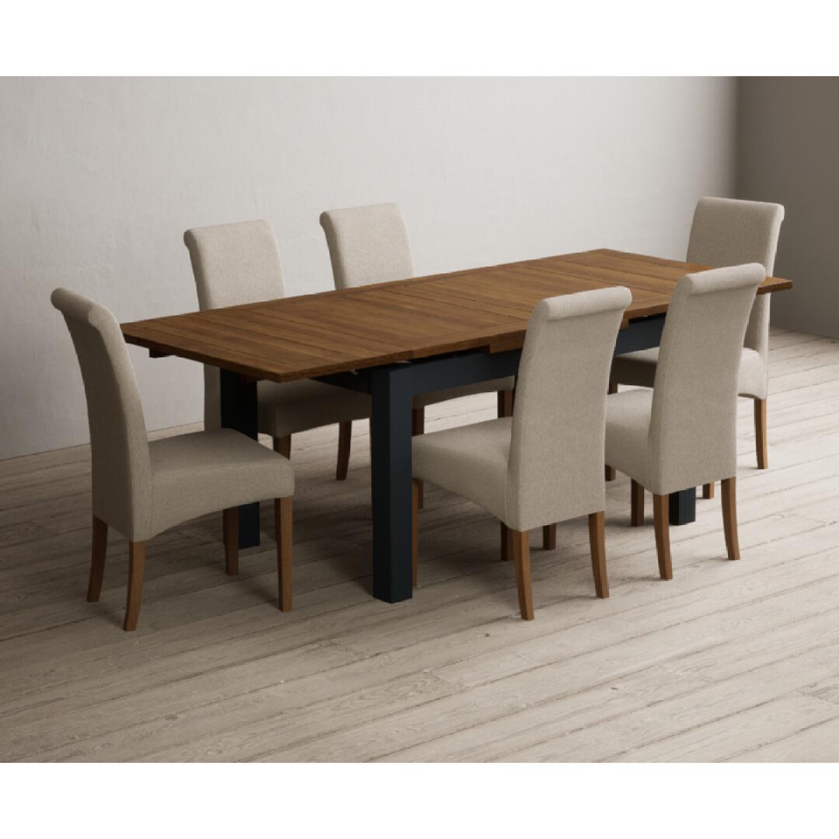 Extending Buxton 140cm Oak and Dark Blue Painted Dining Table with 8 Grey Scroll Back Chairs – image 61