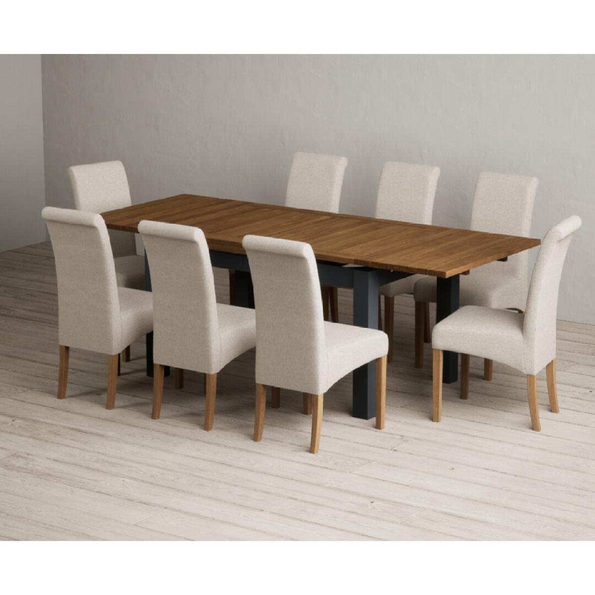 Extending Buxton 140cm Oak and Dark Blue Painted Dining Table with 8 Grey Scroll Back Chairs – image 62