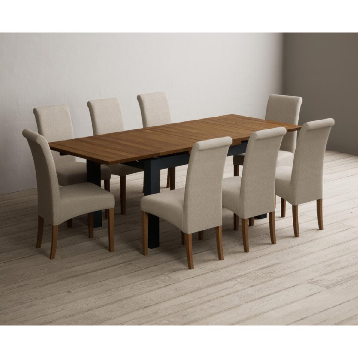 Extending Buxton 140cm Oak and Dark Blue Painted Dining Table with 8 Grey Scroll Back Chairs – image 64