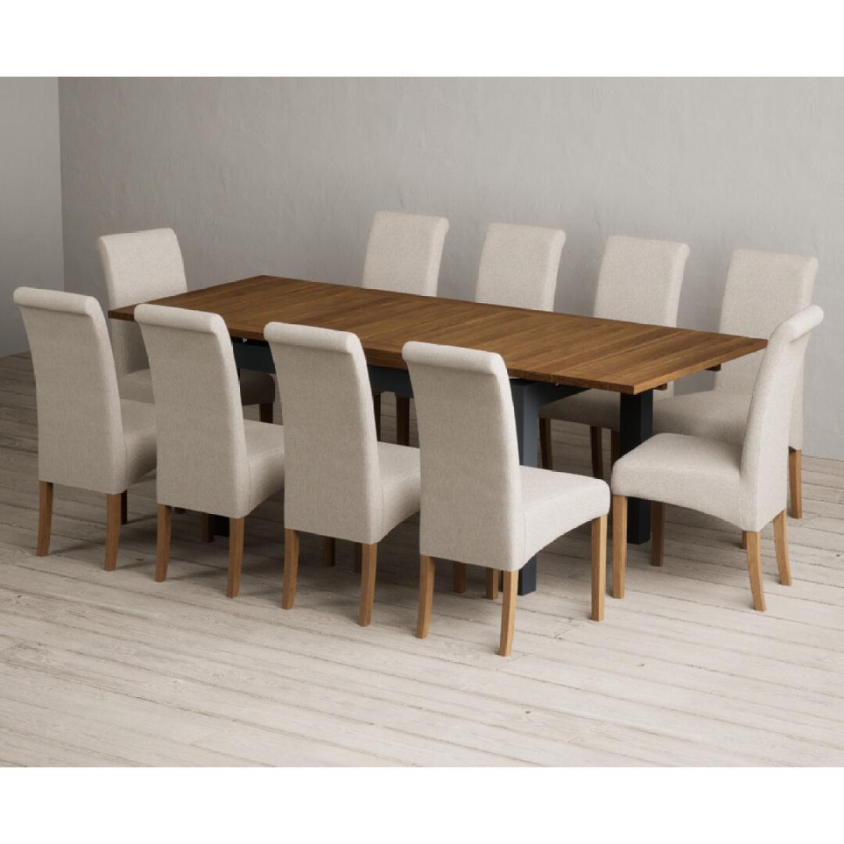 Extending Buxton 140cm Oak and Dark Blue Painted Dining Table with 8 Grey Scroll Back Chairs – image 65