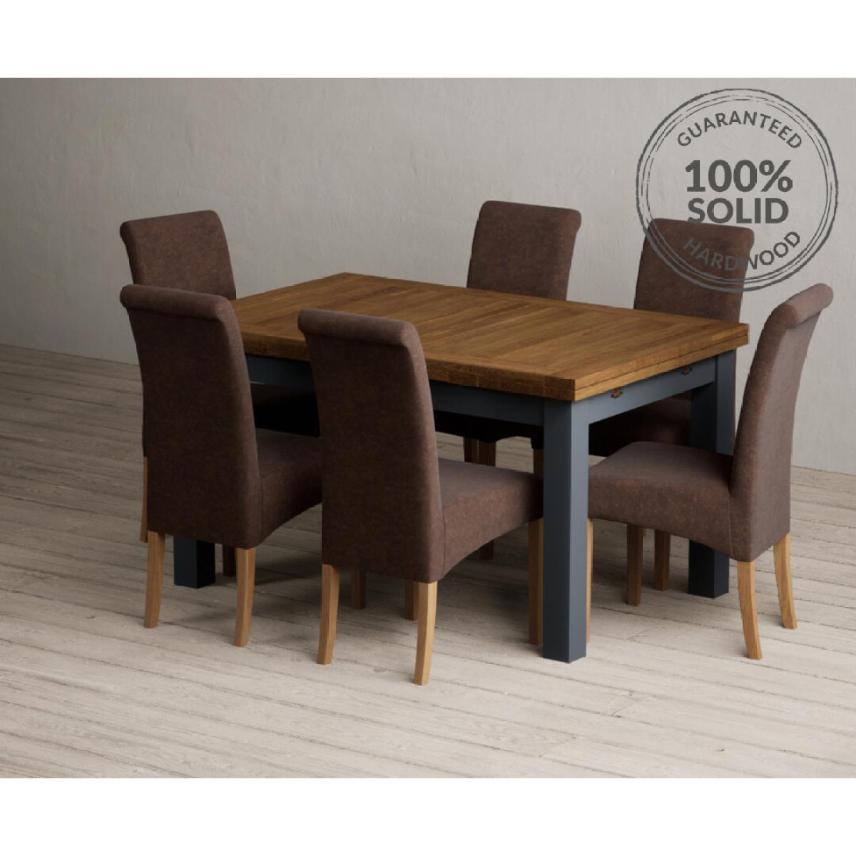 Extending Buxton 140cm Oak and Dark Blue Painted Dining Table with 8 Grey Scroll Back Chairs – image 69