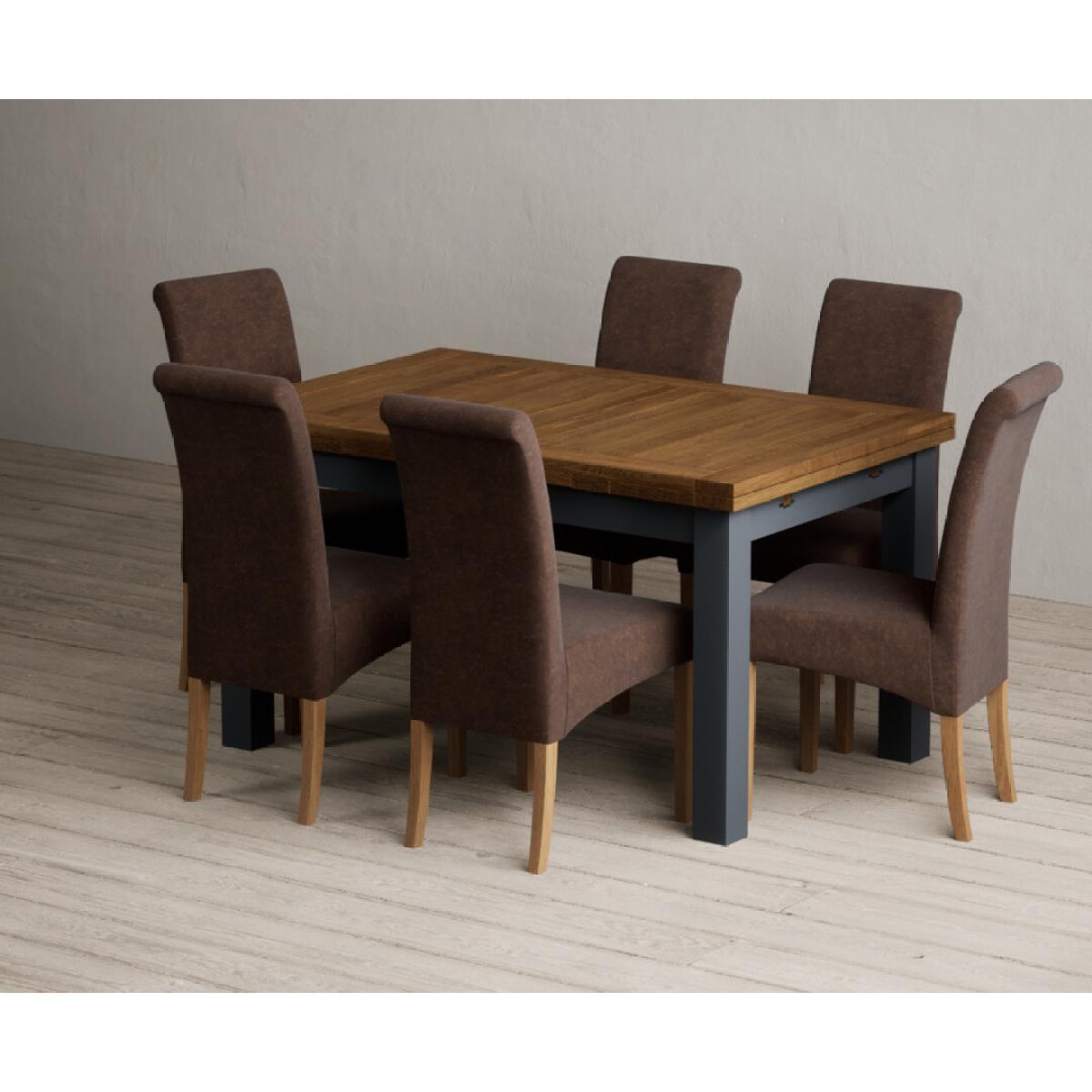 Extending Buxton 140cm Oak and Dark Blue Painted Dining Table with 8 Grey Scroll Back Chairs – image 70