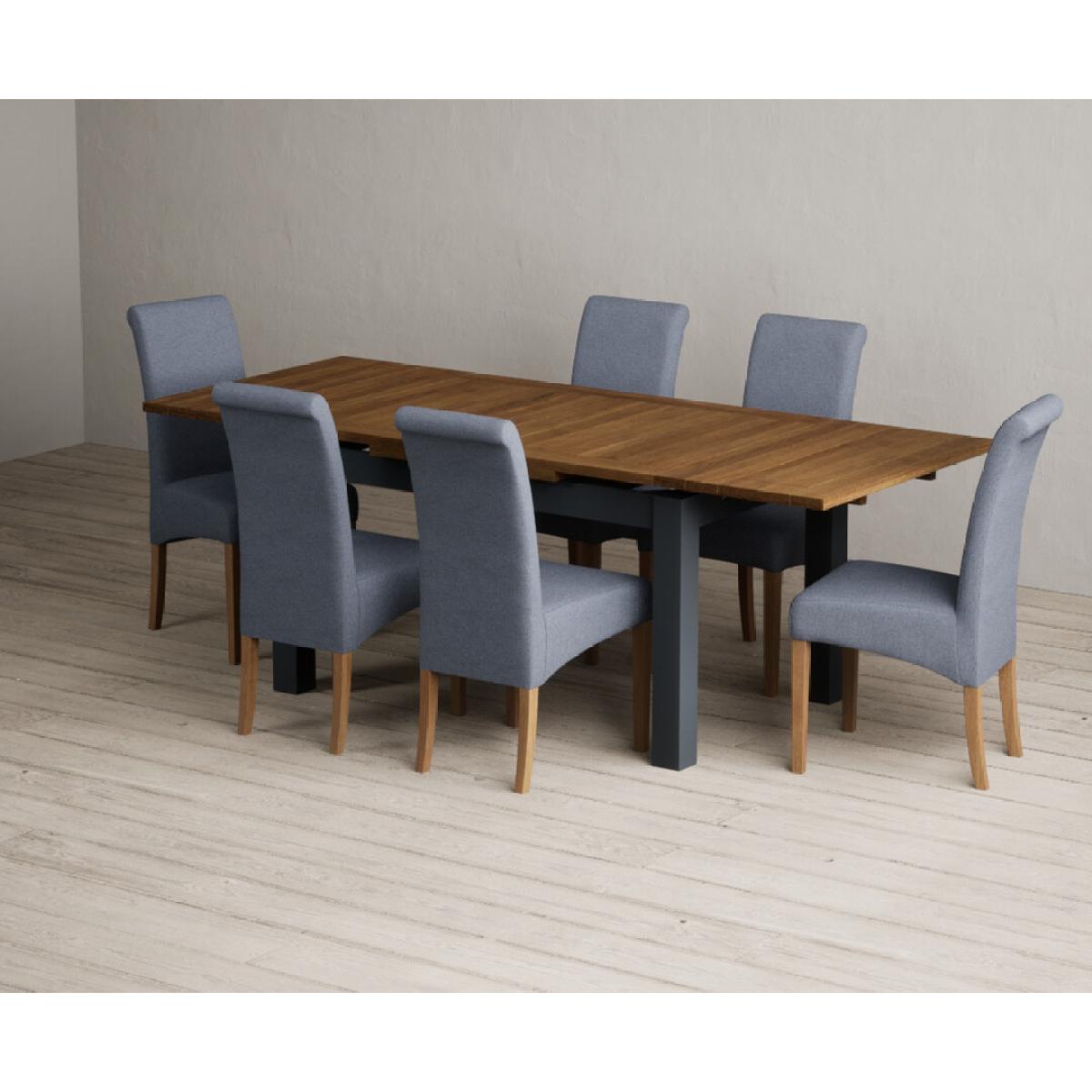 Extending Buxton 140cm Oak and Dark Blue Painted Dining Table with 8 Grey Scroll Back Chairs – image 8
