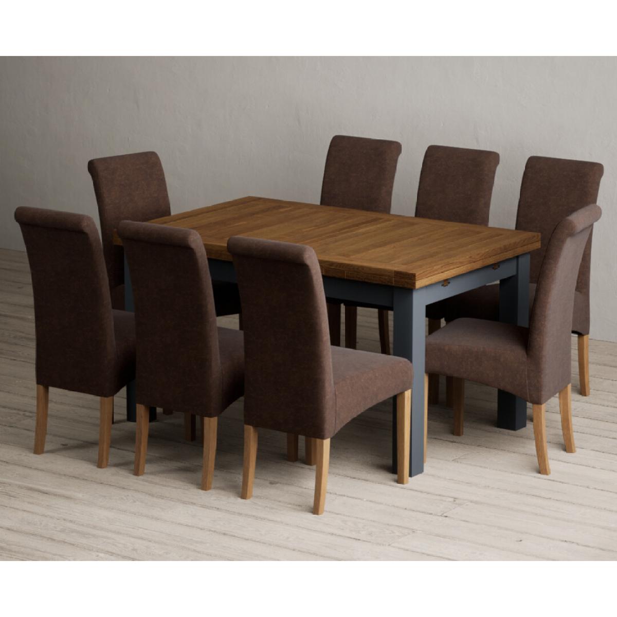 Extending Buxton 140cm Oak and Dark Blue Painted Dining Table with 8 Grey Scroll Back Chairs – image 73