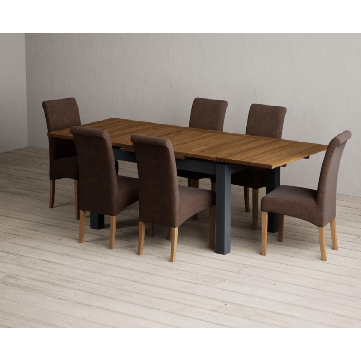 Extending Buxton 140cm Oak and Dark Blue Painted Dining Table with 8 Grey Scroll Back Chairs – image 76
