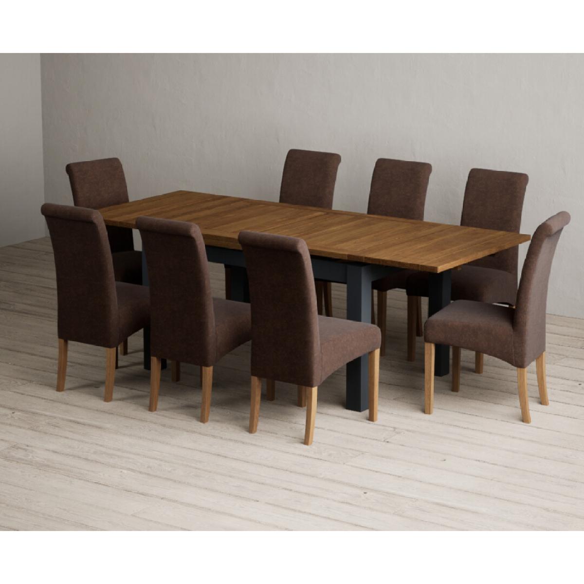 Extending Buxton 140cm Oak and Dark Blue Painted Dining Table with 8 Grey Scroll Back Chairs – image 79