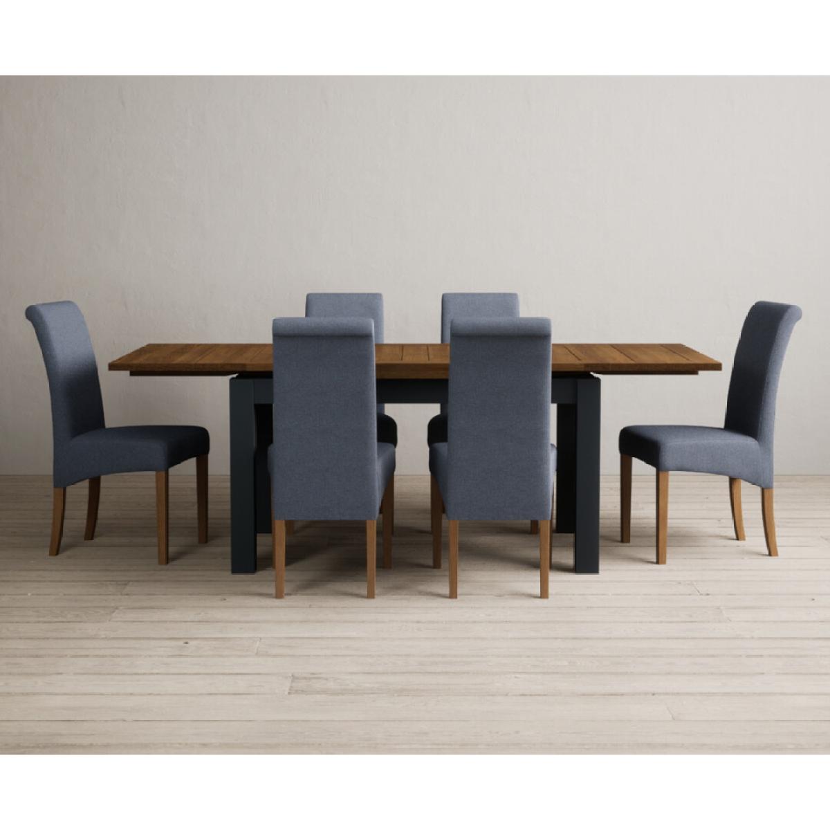 Extending Buxton 140cm Oak and Dark Blue Painted Dining Table with 8 Grey Scroll Back Chairs – image 9