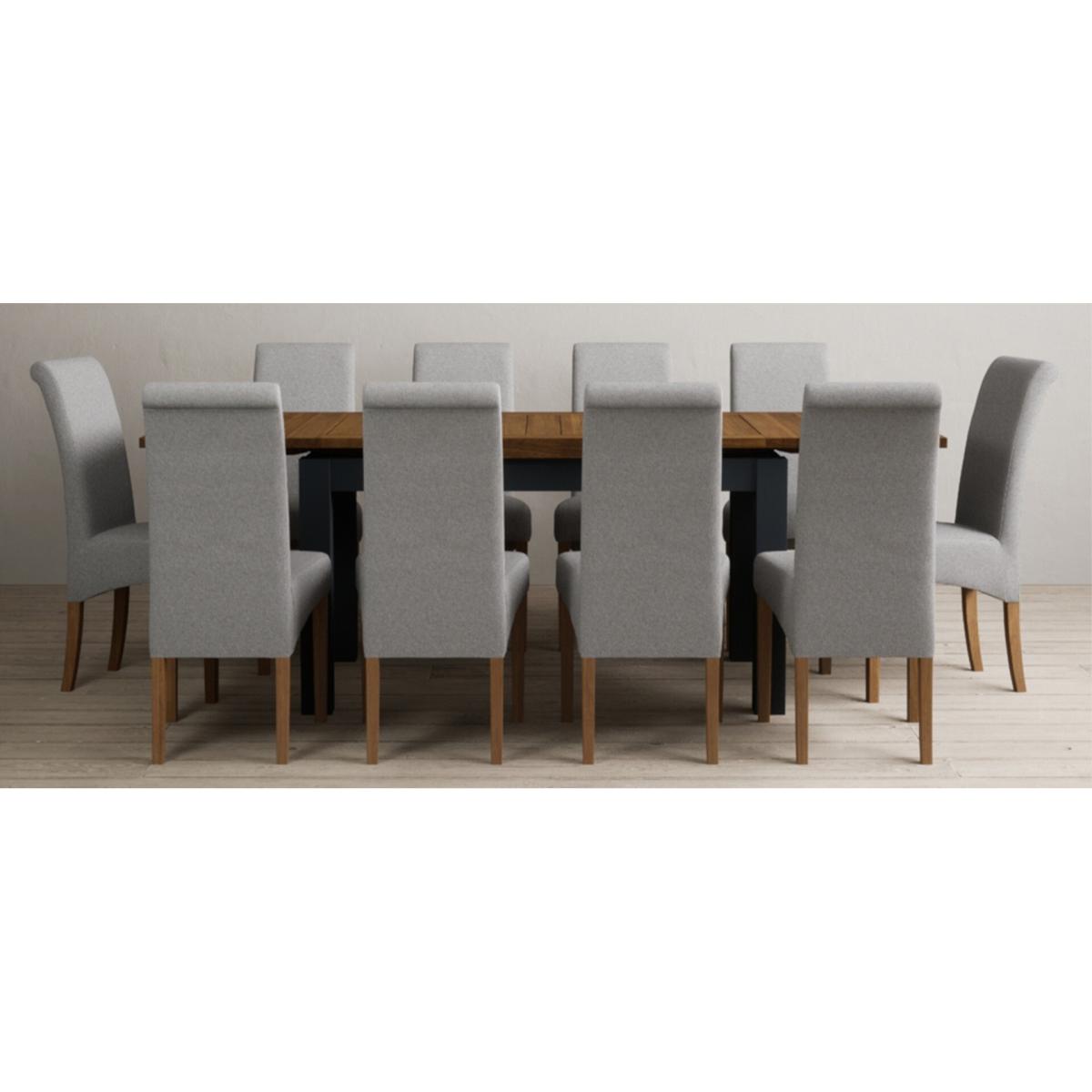 Extending Buxton 140cm Oak and Dark Blue Painted Dining Table with 8 Grey Scroll Back Chairs – image 89