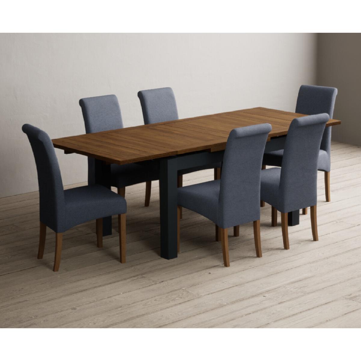 Extending Buxton 140cm Oak and Dark Blue Painted Dining Table with 8 Grey Scroll Back Chairs – image 10
