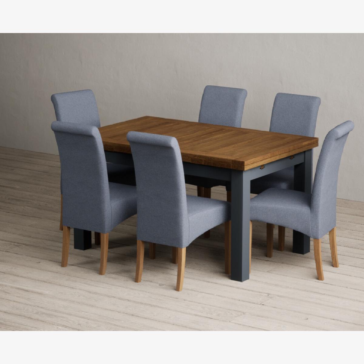 Extending Buxton 140cm Oak and Dark Blue Painted Dining Table with 8 Grey Scroll Back Chairs – image 1