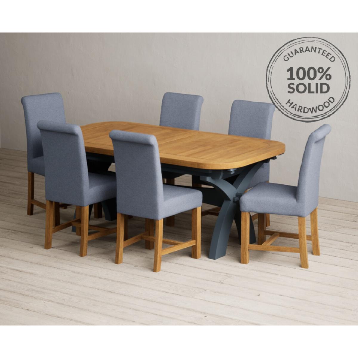 Extending Olympia 180cm Oak and Dark Blue Painted Dining Table with 12 Blue Chairs – image 2