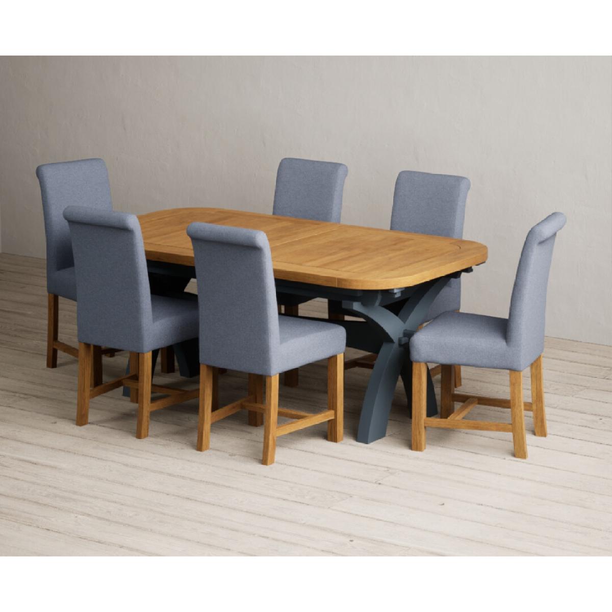 Extending Olympia 180cm Oak and Dark Blue Painted Dining Table with 12 Blue Chairs – image 19