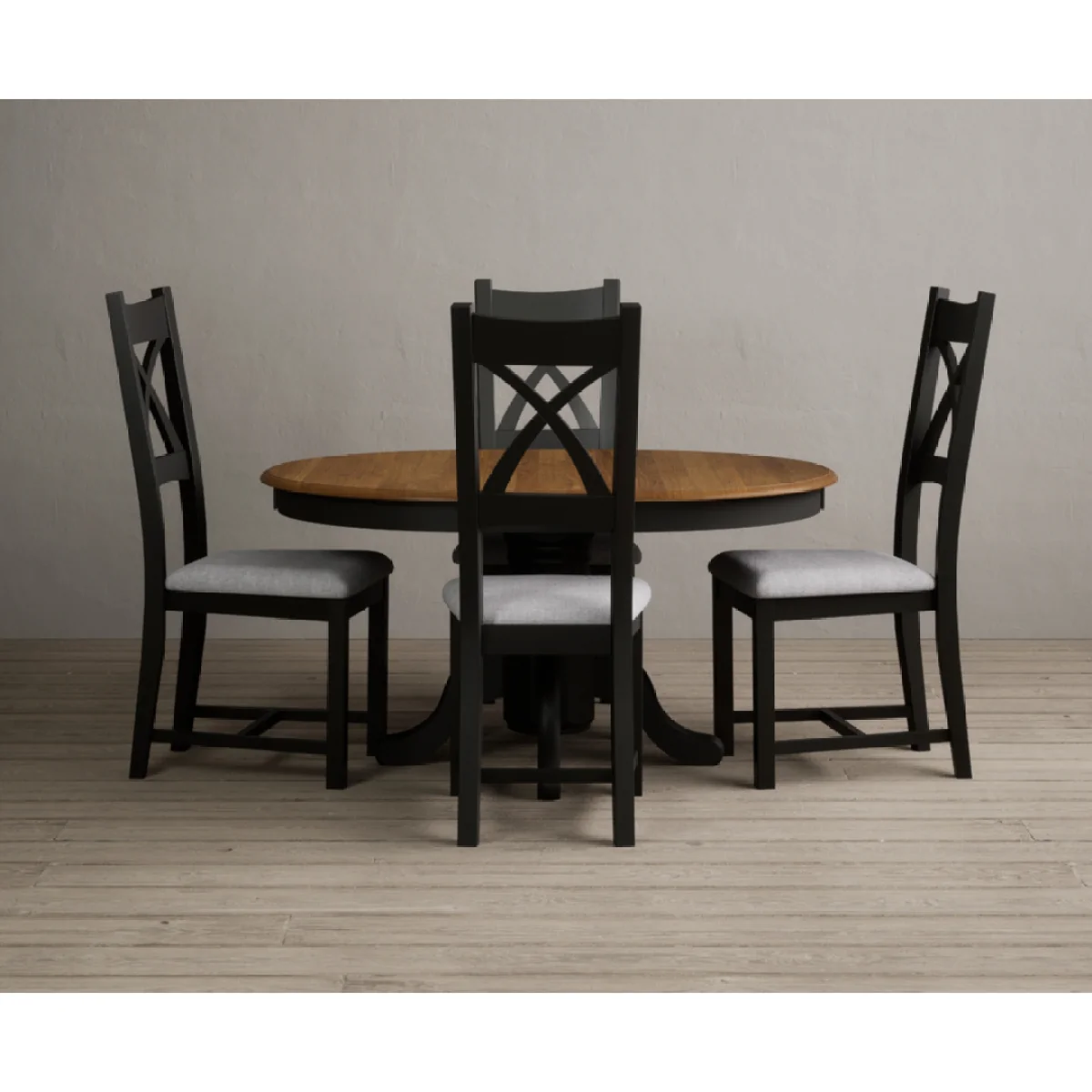 Extending Hertford 100cm - 130cm Oak and Black Painted Pedestal Dining Table with 4 Light Grey Painted Chairs – image 5