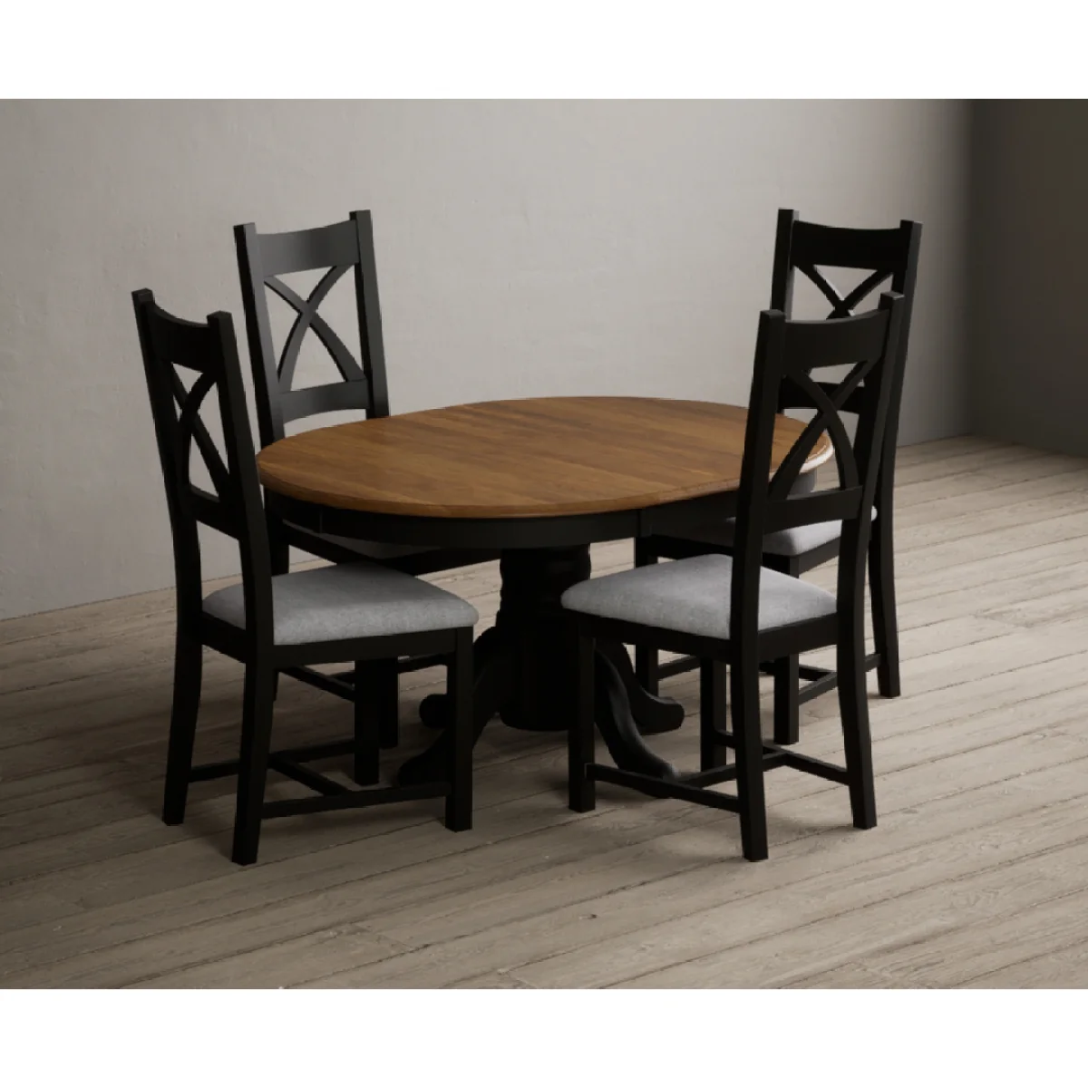 Extending Hertford 100cm - 130cm Oak and Black Painted Pedestal Dining Table with 4 Light Grey Painted Chairs – image 6