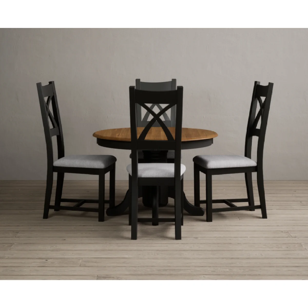Extending Hertford 100cm - 130cm Oak and Black Painted Pedestal Dining Table with 4 Light Grey Painted Chairs – image 7