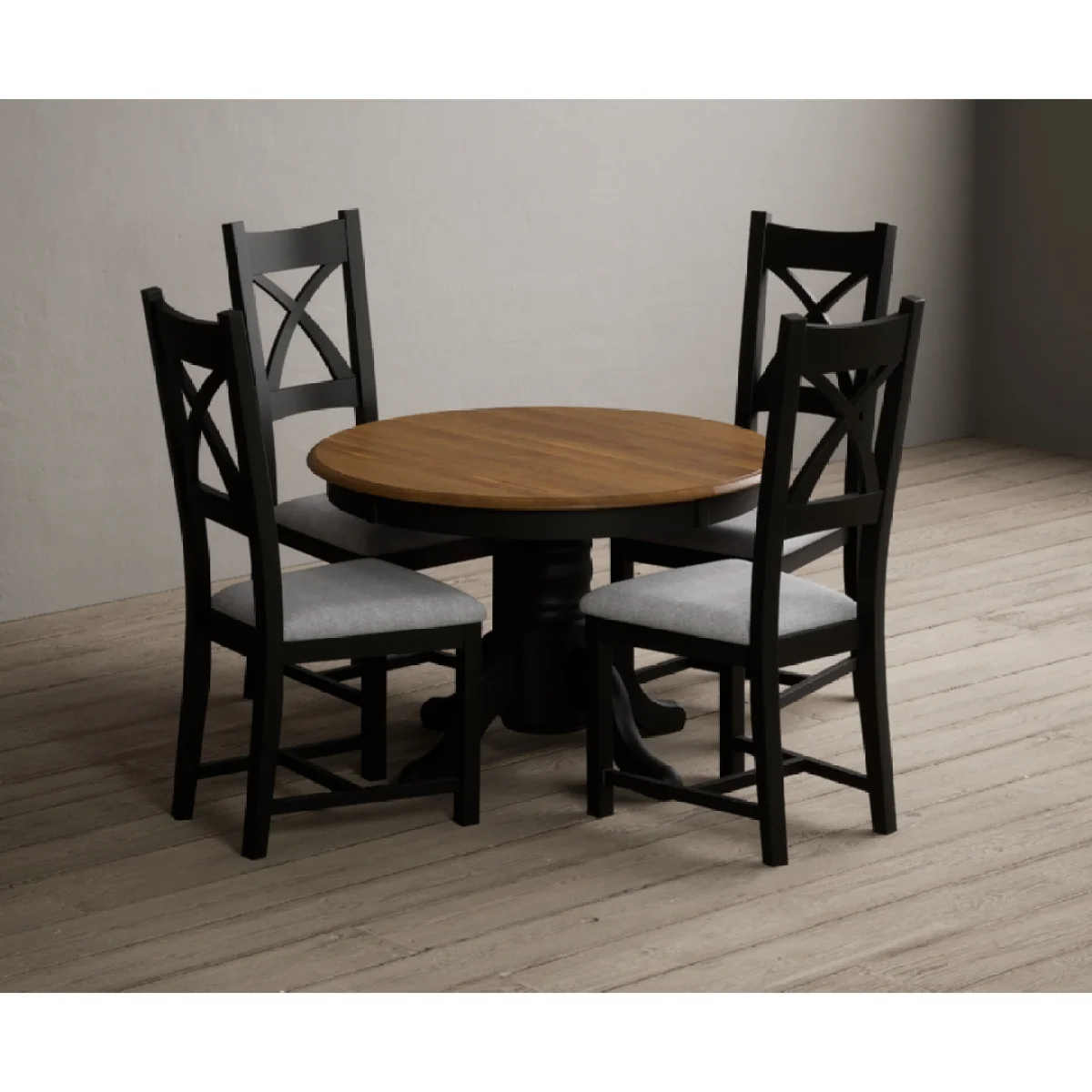 Extending Hertford 100cm - 130cm Oak and Black Painted Pedestal Dining Table with 4 Light Grey Painted Chairs – image 8