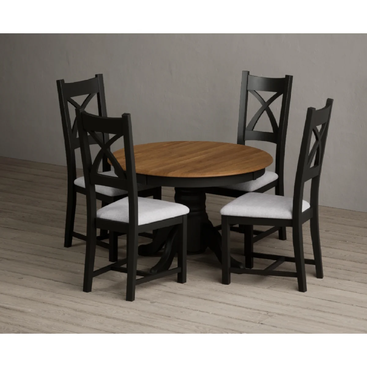 Extending Hertford 100cm - 130cm Oak and Black Painted Pedestal Dining Table with 4 Light Grey Painted Chairs – image 9