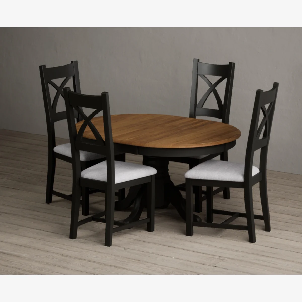 Extending Hertford 100cm - 130cm Oak and Black Painted Pedestal Dining Table with 4 Light Grey Painted Chairs – image 1