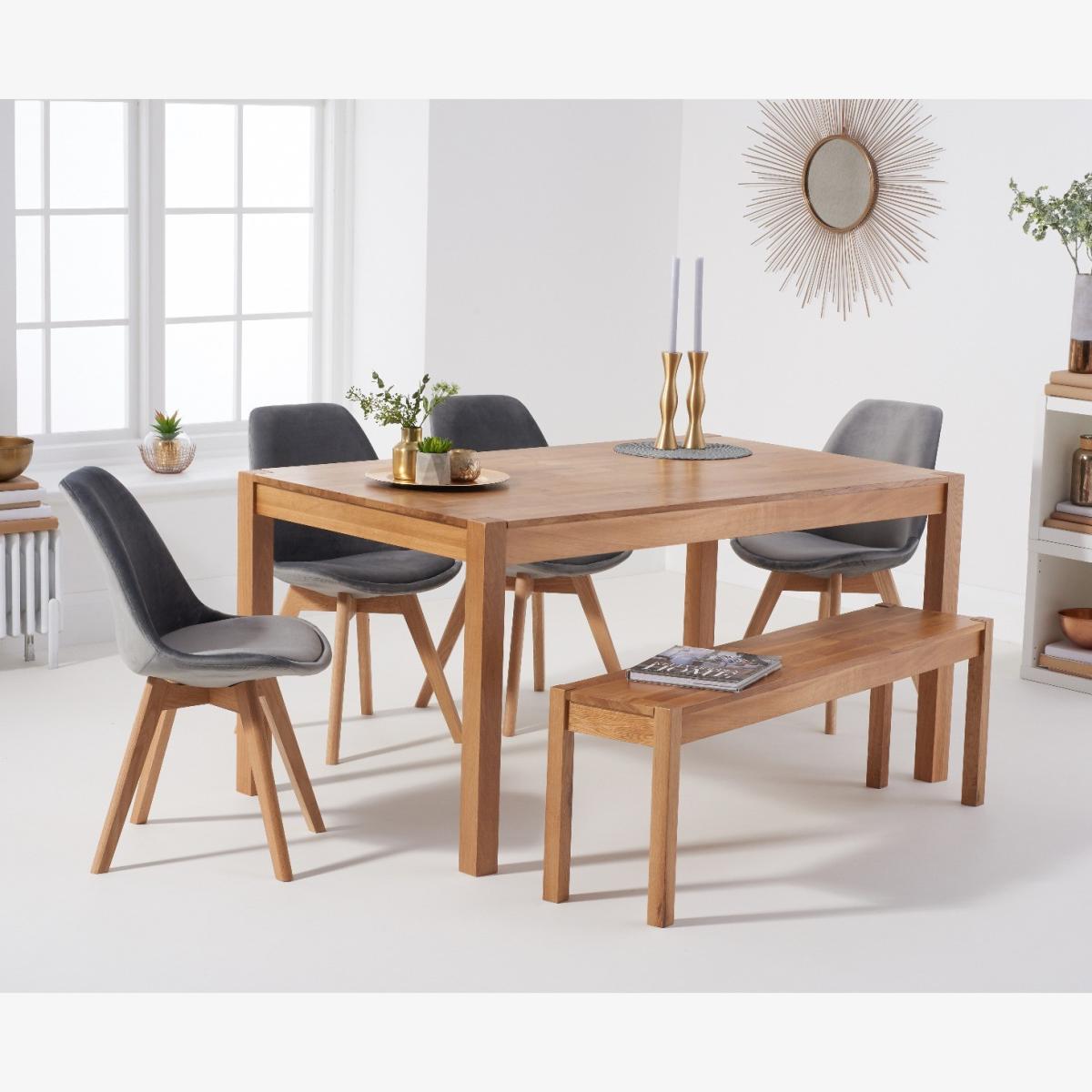York 150cm Solid Oak Dining Table With 2 Grey Orson Velvet Chairs And 1 Bench – image 1