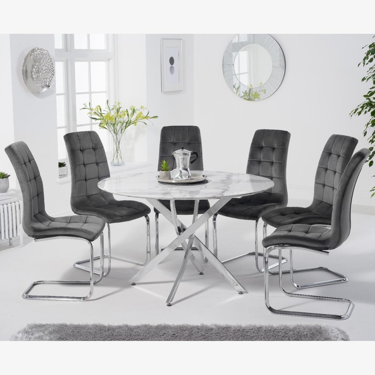 Carter 120cm Round White Marble Table With 6 Grey Lorin Velvet Chairs