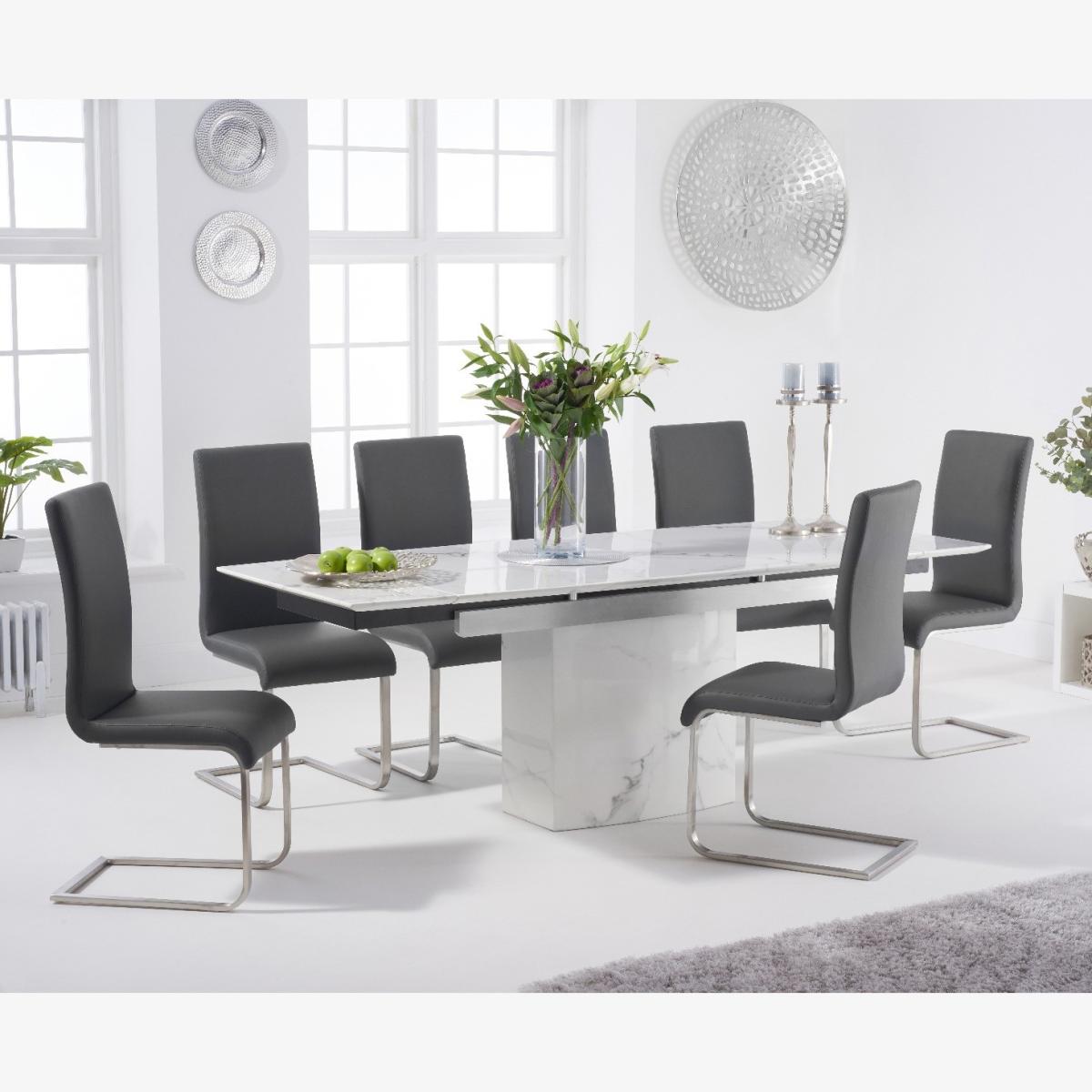 Metropolis 160cm Extending White Marble Dining Table With 6 Grey Malaga Faux Leather Chairs