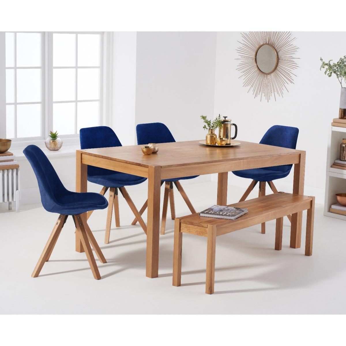 Oxford 120cm Solid Oak Dining Table with Oscar Velvet Chairs and Bench - Blue, 2 Chairs – image 2