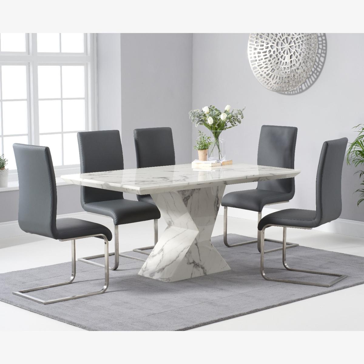 Aaron 160cm White Marble Dining Table With 4 Grey Malaga Dining Chairs